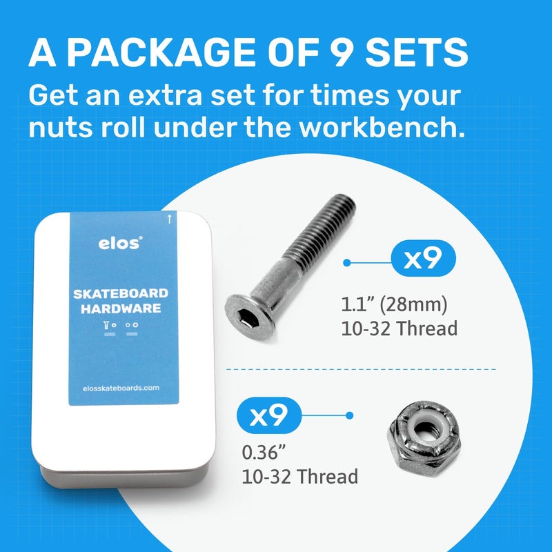 Elos مكونات لوح التزلج إيلوس مجموعة قفل صواميل لوح التزلج. 1.1 بوصة براغي ألين مغمورة مع صامولة نيلوك لمكونات شاحنة اللوح الطويل. قوية وخالية من الصدأ. (9 براغي و 9 صواميل) - Image 4